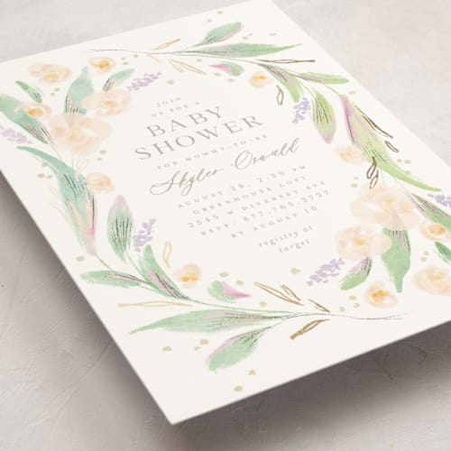 This is a spring foil stamped baby shower invitations with foil pressed by Anastasia Makarova called vernal printing on signature in standard