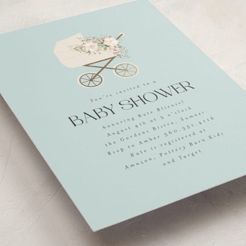 This is a sky blue foil stamped baby shower invitations with foil pressed by Itsy Belle Studio called baby carriage printing on signature in standard