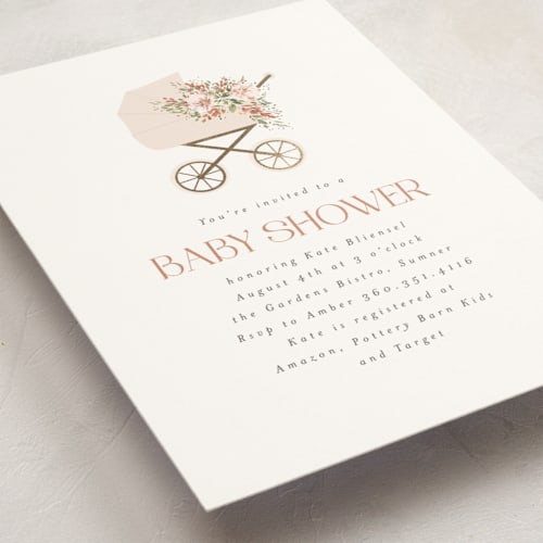 This is a terracotta foil stamped baby shower invitations with foil pressed by Itsy Belle Studio called baby carriage printing on signature in standard