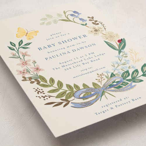 This is a sky foil stamped baby shower invitations with foil pressed by Petra Kern called baby flora printing on signature in standard