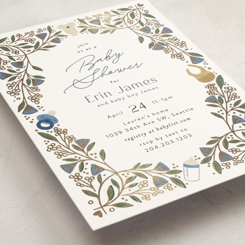This is a sky foil stamped baby shower invitations with foil pressed by Alethea and Ruth called baby vines printing on signature in standard