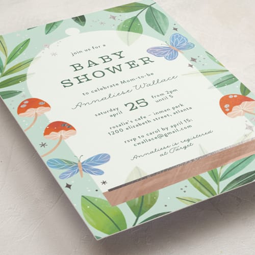 This is a mint foil stamped baby shower invitations with foil pressed by Paper Raven Co. called little terrarium printing on signature in standard