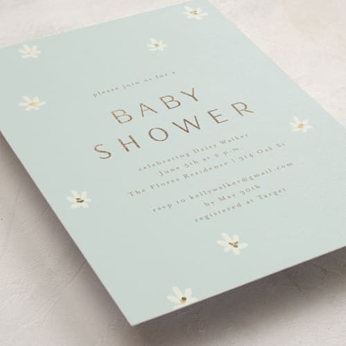This is a baby blue foil stamped baby shower invitations with foil pressed by Ani Somi called daisies printing on signature in standard