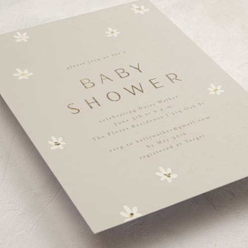 This is a tea foil stamped baby shower invitations with foil pressed by Ani Somi called daisies printing on signature in standard