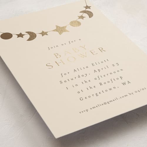 This is a ecru foil stamped baby shower invitations with foil pressed by Angela Thompson called night sky garland printing on signature in standard