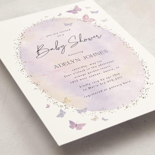 This is a blush foil stamped baby shower invitations with foil pressed by Jelena Vuletic called fabled printing on signature in standard