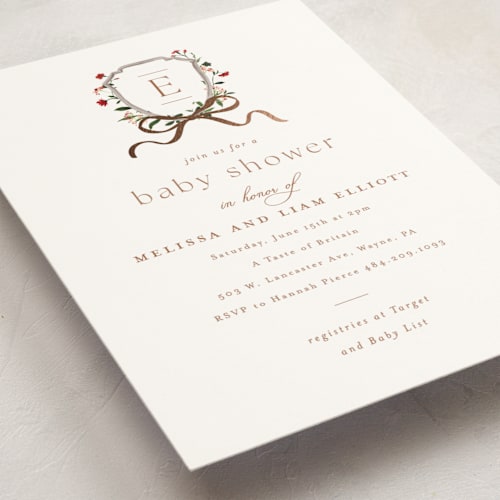 This is a brick foil stamped baby shower invitations with foil pressed by Everett Paper Goods called floral crested printing on signature in standard