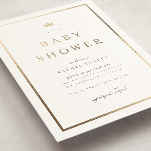 This is a cloud foil stamped baby shower invitations with foil pressed by Nicole Walsh called little crown printing on signature in standard