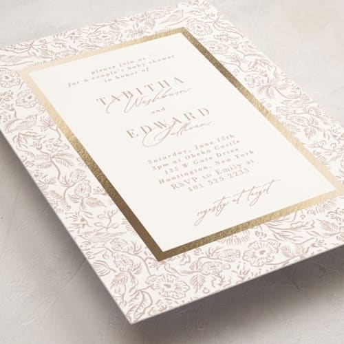 This is a peony foil stamped baby shower invitations with foil pressed by Tamara Hilje called lavender fields printing on signature in standard