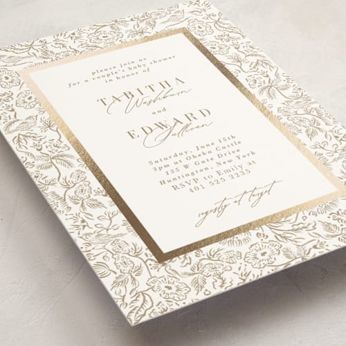 This is a champagne foil stamped baby shower invitations with foil pressed by Tamara Hilje called lavender fields printing on signature in standard