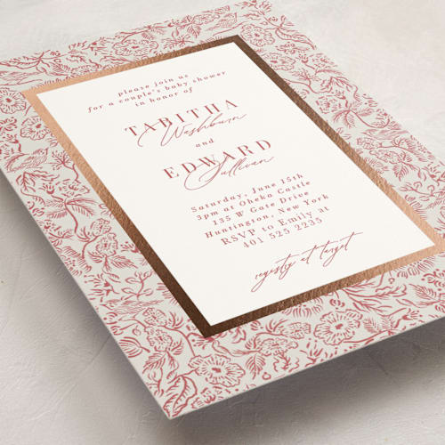 This is a rust foil stamped baby shower invitations with foil pressed by Tamara Hilje called lavender fields printing on signature in standard
