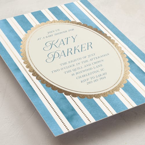 This is a sky foil stamped baby shower invitations with foil pressed by Jackie Crawford called knightsbridge printing on signature in standard