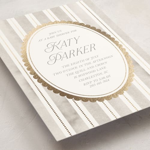 This is a cashmere foil stamped baby shower invitations with foil pressed by Jackie Crawford called knightsbridge printing on signature in standard