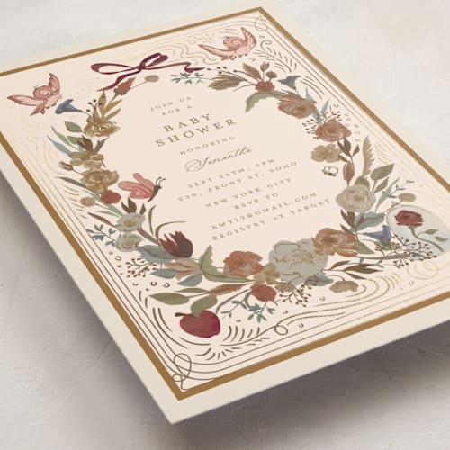 This is a sunshine foil stamped baby shower invitations with foil pressed by Teju Reval called disney's storybook printing on signature in standard