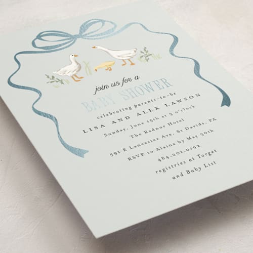This is a pond foil stamped baby shower invitations with foil pressed by Everett Paper Goods called storybook geese printing on signature in standard