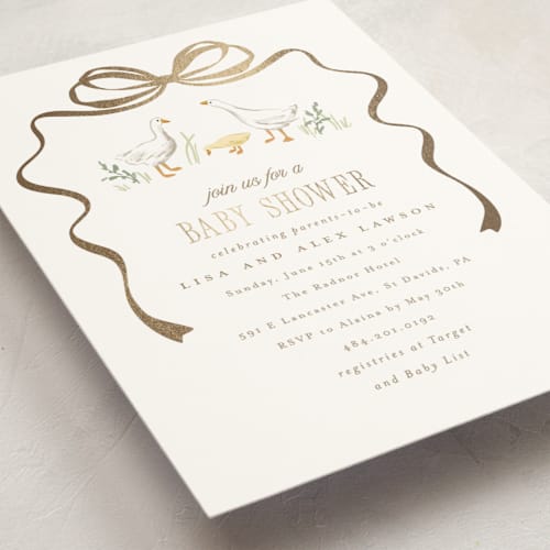 This is a dandelion foil stamped baby shower invitations with foil pressed by Everett Paper Goods called storybook geese printing on signature in standard