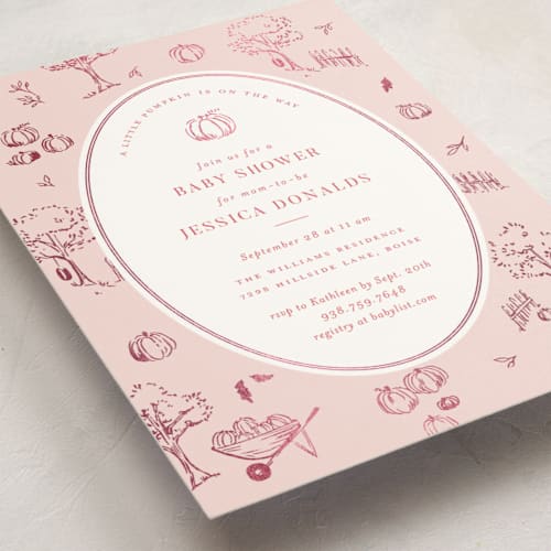 This is a bubblegum foil stamped baby shower invitations with foil pressed by Rebecca Durflinger called autumn toile printing on signature in standard
