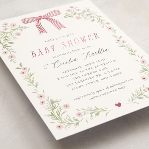 This is a blush foil stamped baby shower invitations with foil pressed by Paper Raven Co. called dainty garden printing on signature in standard