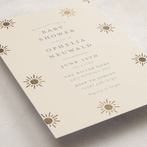 This is a blush foil stamped baby shower invitations with foil pressed by Meggy Masters called sun toss printing on signature in standard