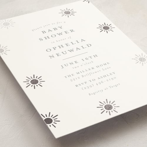 This is a snow foil stamped baby shower invitations with foil pressed by Meggy Masters called sun toss printing on signature in standard