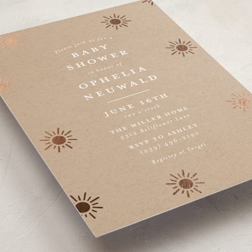 This is a kraft foil stamped baby shower invitations with foil pressed by Meggy Masters called sun toss printing on signature in standard