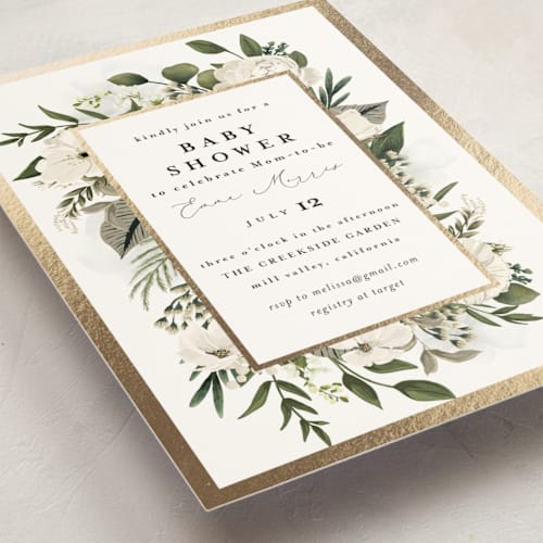 This is a vanilla foil stamped baby shower invitations with foil pressed by Susan Moyal called classic love printing on signature in standard