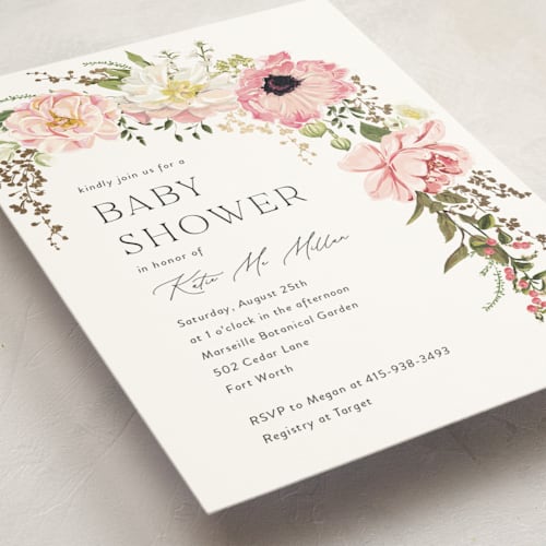 This is a peony foil stamped baby shower invitations with foil pressed by Susan Moyal called timeless blooms printing on signature in standard