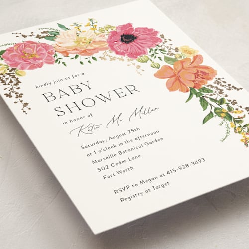 This is a tropical foil stamped baby shower invitations with foil pressed by Susan Moyal called timeless blooms printing on signature in standard