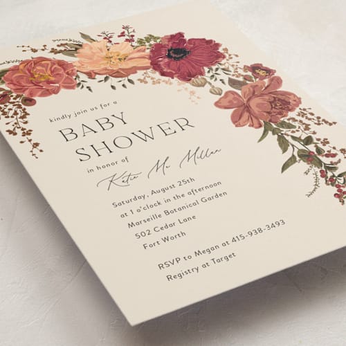 This is a harvest foil stamped baby shower invitations with foil pressed by Susan Moyal called timeless blooms printing on signature in standard