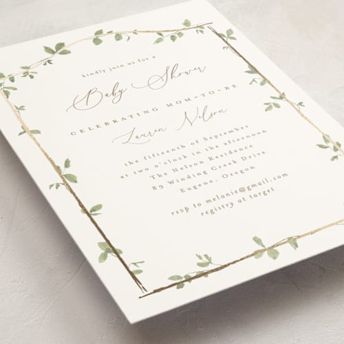 This is a ivy foil stamped baby shower invitations with foil pressed by Everett Paper Goods called canopy printing on signature in standard