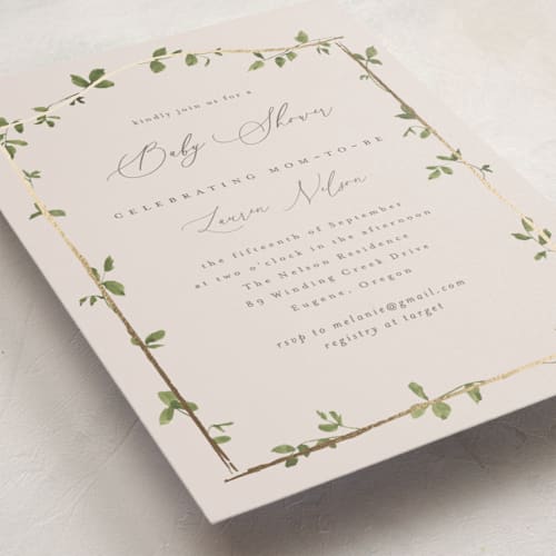 This is a fog foil stamped baby shower invitations with foil pressed by Everett Paper Goods called canopy printing on signature in standard