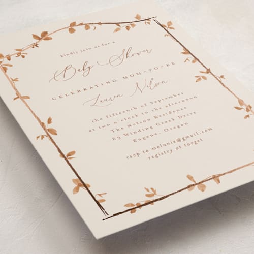 This is a cinnamon foil stamped baby shower invitations with foil pressed by Everett Paper Goods called canopy printing on signature in standard