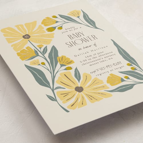 This is a buttercup foil stamped baby shower invitations with foil pressed by Karidy Walker called storybook garden printing on signature in standard