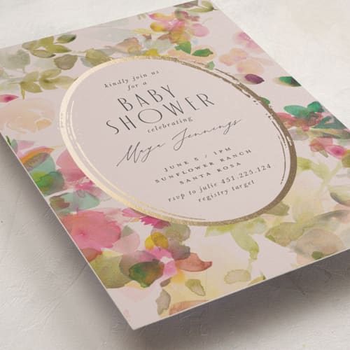 This is a wild berry foil stamped baby shower invitations with foil pressed by Lori Wemple called floral jewels printing on signature in standard