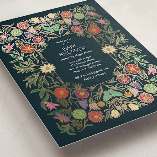 This is a midnight garden foil stamped baby shower invitations with foil pressed by Simona Camp called gilded tapestry printing on signature in standard