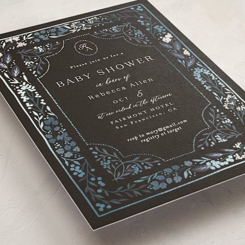 This is a gravel foil stamped baby shower invitations with foil pressed by Alethea and Ruth called illuminated storybook printing on signature in standard