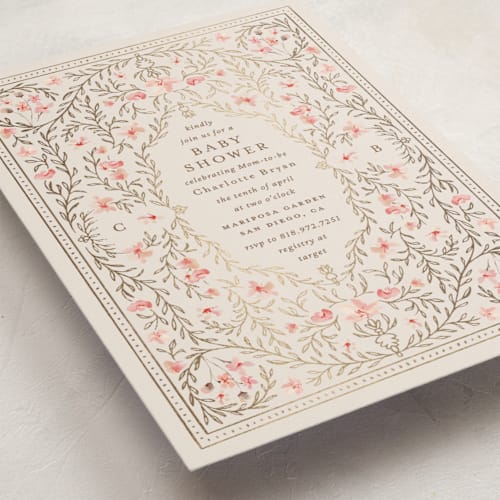 This is a versailles foil stamped baby shower invitations with foil pressed by Claudia Orengo called victorian printing on signature in standard