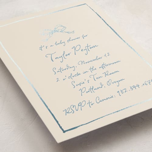 This is a dusty blue foil stamped baby shower invitations with foil pressed by Cass Loh called ribbon bow drawing printing on signature in standard