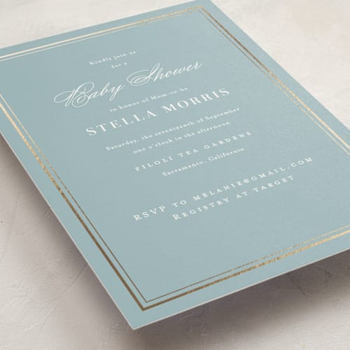 This is a powder blue foil stamped baby shower invitations with foil pressed by Jennifer Postorino called polished printing on signature in standard