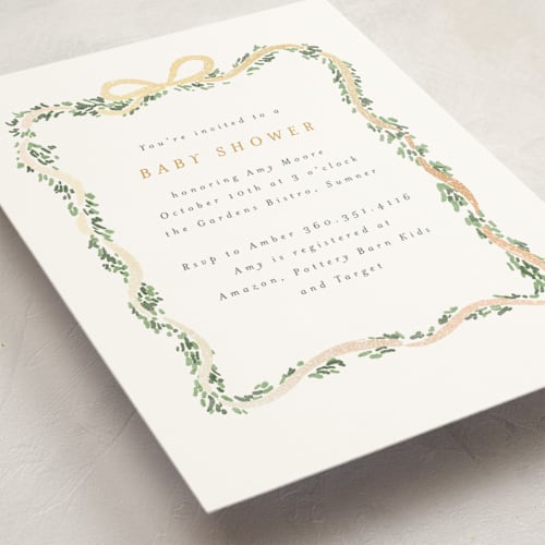 This is a butter foil stamped baby shower invitations with foil pressed by Itsy Belle Studio called ribbonly frame printing on signature in standard