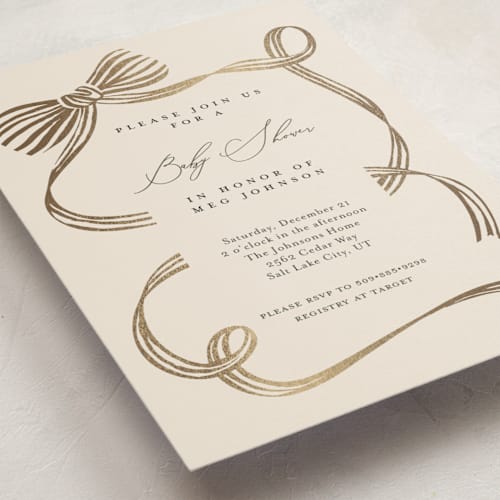 This is a olive foil stamped baby shower invitations with foil pressed by Carrie ONeal called neddy printing on signature in standard