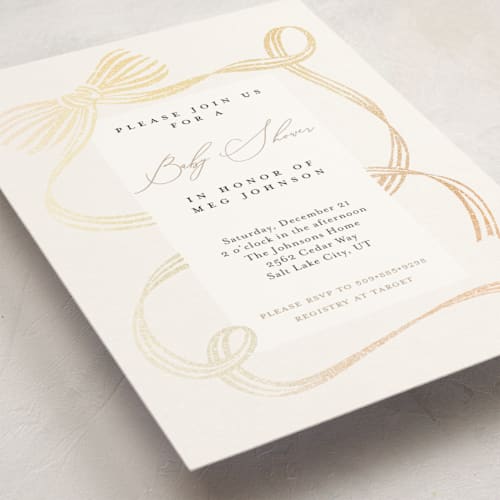 This is a tan foil stamped baby shower invitations with foil pressed by Carrie ONeal called neddy printing on signature in standard