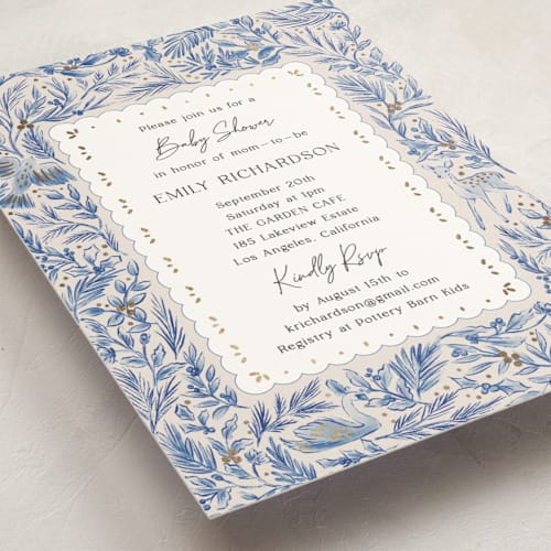 This is a ocean foil stamped baby shower invitations with foil pressed by Elly called winter cottage printing on signature in standard
