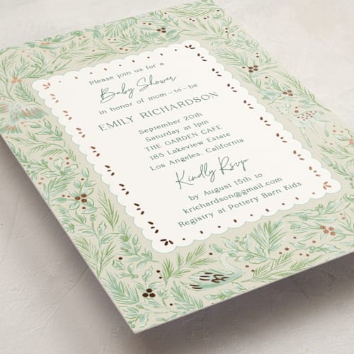 This is a mint foil stamped baby shower invitations with foil pressed by Elly called winter cottage printing on signature in standard