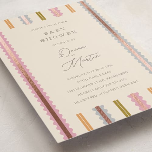 This is a vanilla foil stamped baby shower invitations with foil pressed by Pixel and Hank called swiggle printing on signature in standard