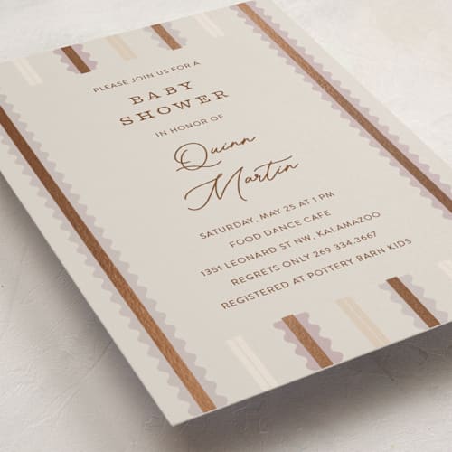 This is a mist foil stamped baby shower invitations with foil pressed by Pixel and Hank called swiggle printing on signature in standard