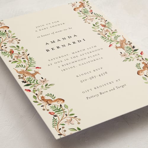 This is a peach pie foil stamped baby shower invitations with foil pressed by Sarah Knight called highlands printing on signature in standard