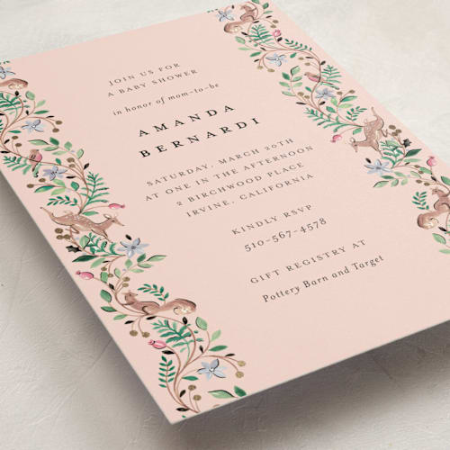This is a blush foil stamped baby shower invitations with foil pressed by Sarah Knight called highlands printing on signature in standard