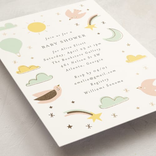 This is a mint foil stamped baby shower invitations with foil pressed by Angela Thompson called magical adventure printing on signature in standard