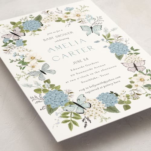This is a periwinkle foil stamped baby shower invitations with foil pressed by Susan Moyal called garden love printing on signature in standard